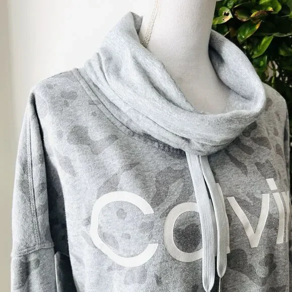 Calvin Klein Gray Leopard Print Turtleneck Cropped Sweatshirt Size Small - Picture 2 of 8